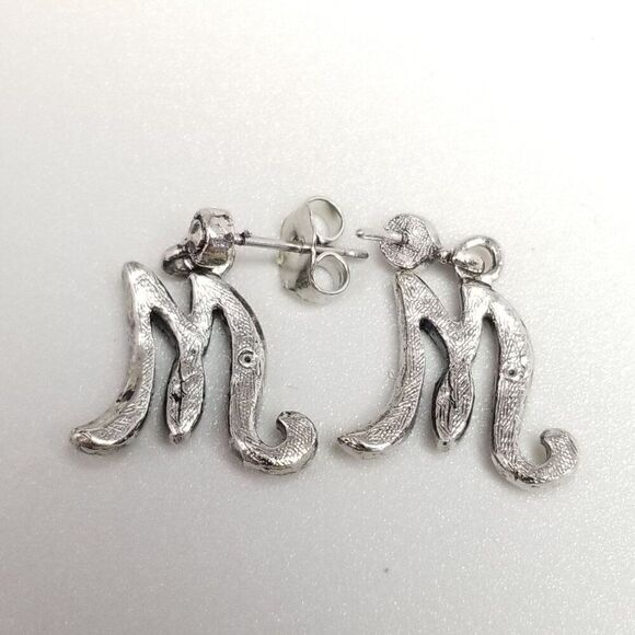 Vintage Avon M Monogram Letter Dangle Charm Stud Earrings, Silver Tone Initials - Picture 4 of 7